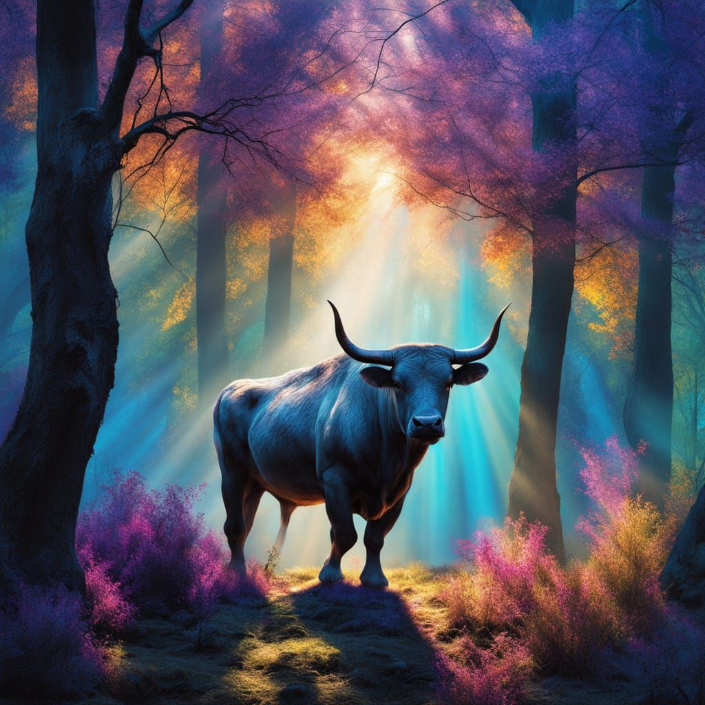 Fauvist Bull of Spiderwebs Explores Misty Forest Floor
