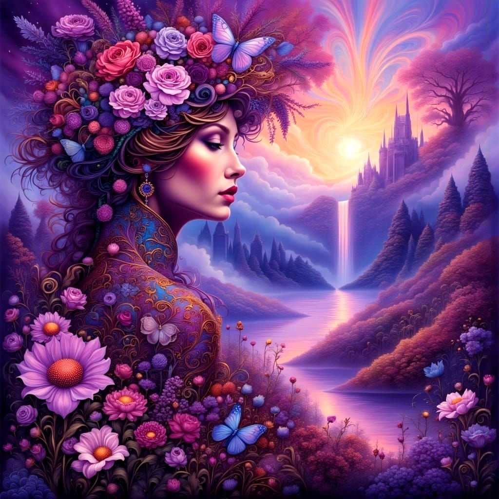 Ethereal Klimt-Inspired Purple Landscape with a Regal Woman