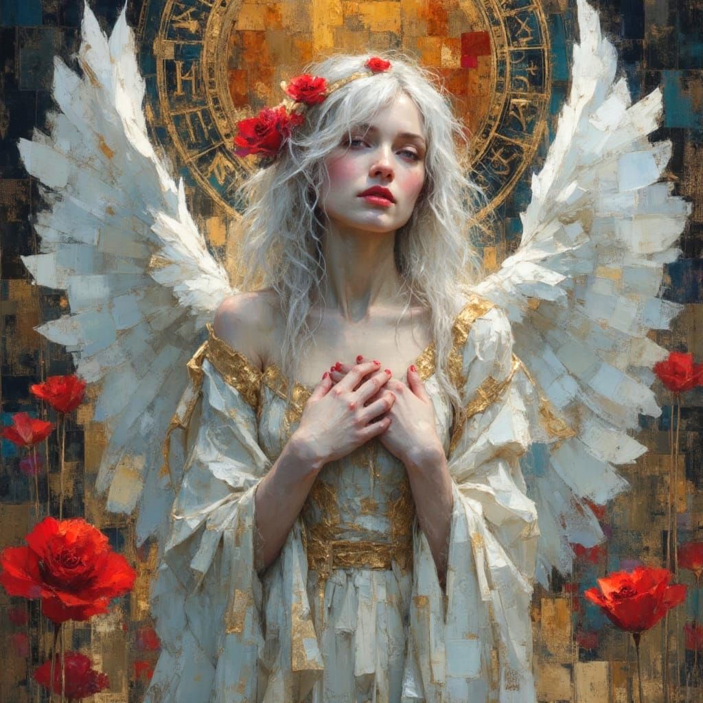 Fallen Angel Portrait with White Wings and Roses