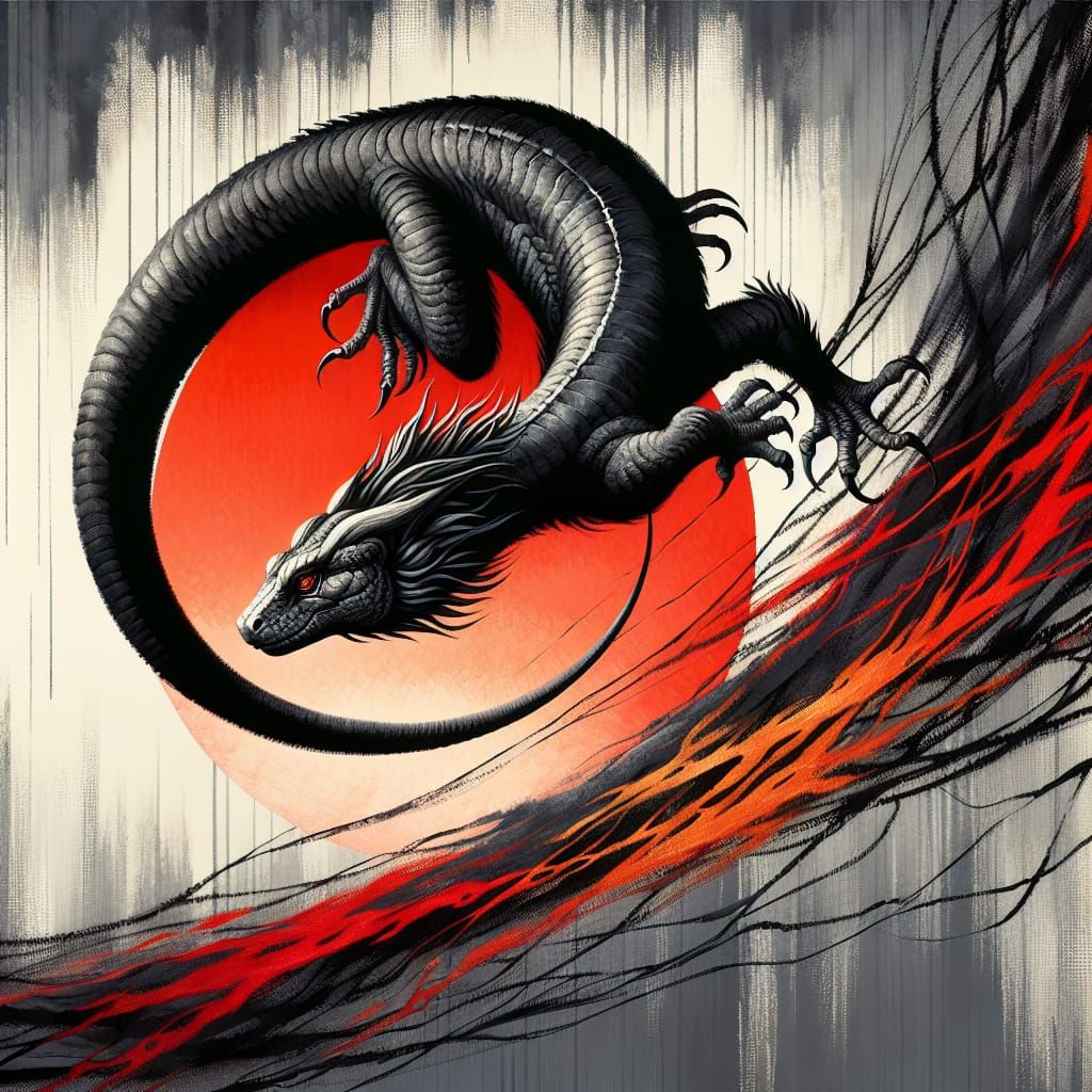 Dramatic Basilisk Sunset in Sumi-e Oil Painting