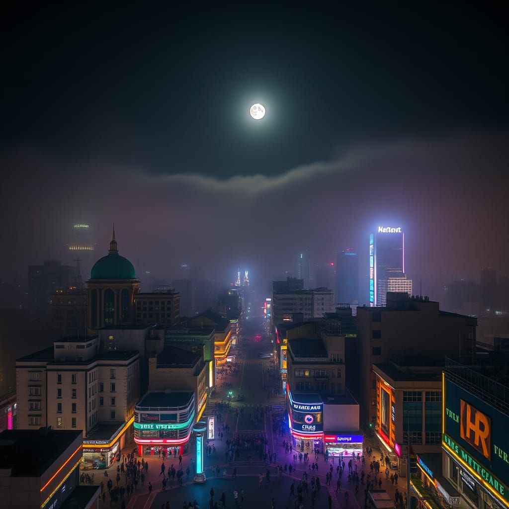 Neon Cityscape Under Moonlight