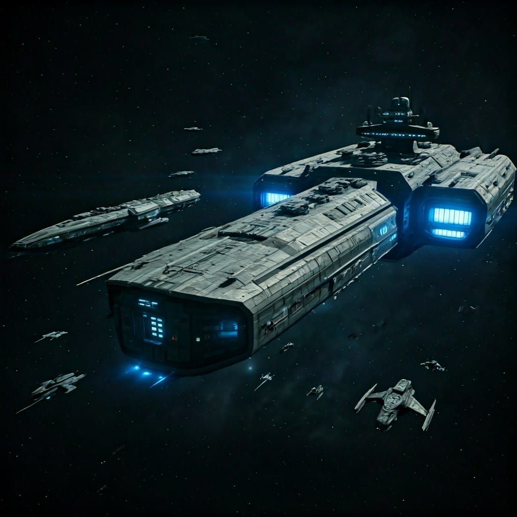 Colossal Spaceship Soars Through Space with Escort Fleet