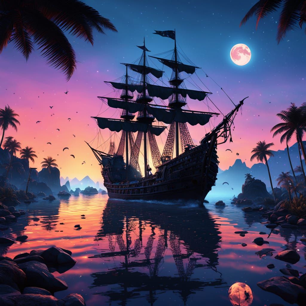 Epic Pirate Ship Silhouette Against Vibrant Sunset