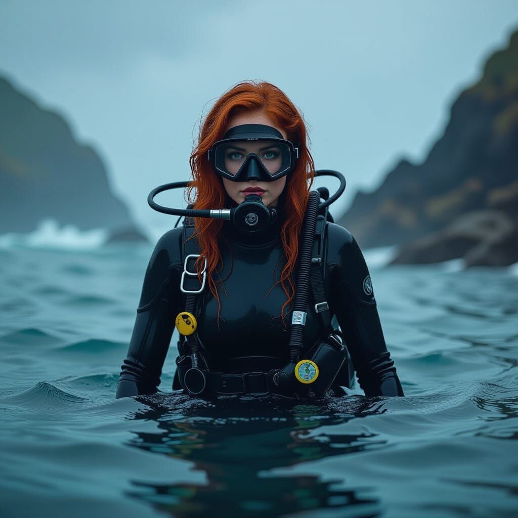 Redhead Scuba Diver Emerges from Ocean, Noir Lighting