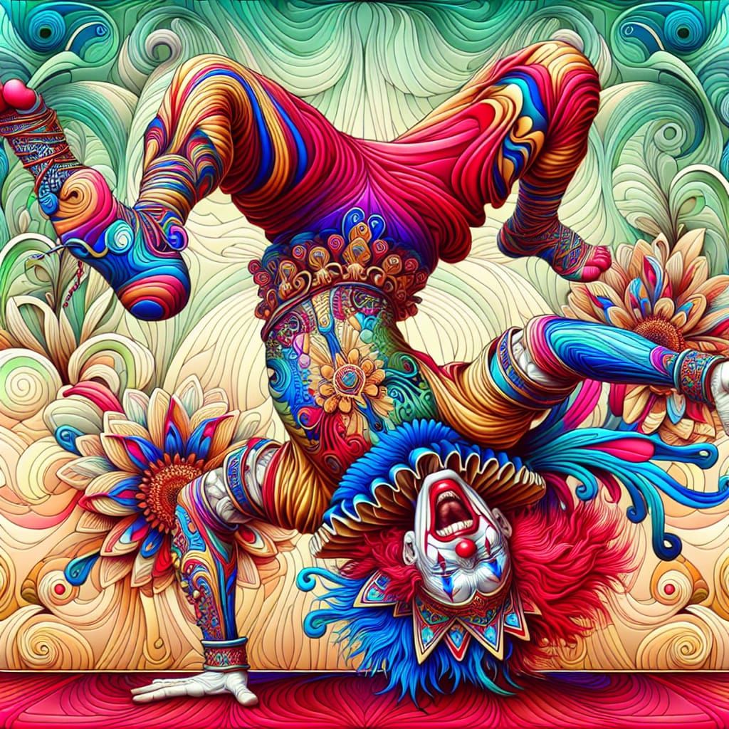 Laughing Clown Acrobat in Abstract Flower Garden