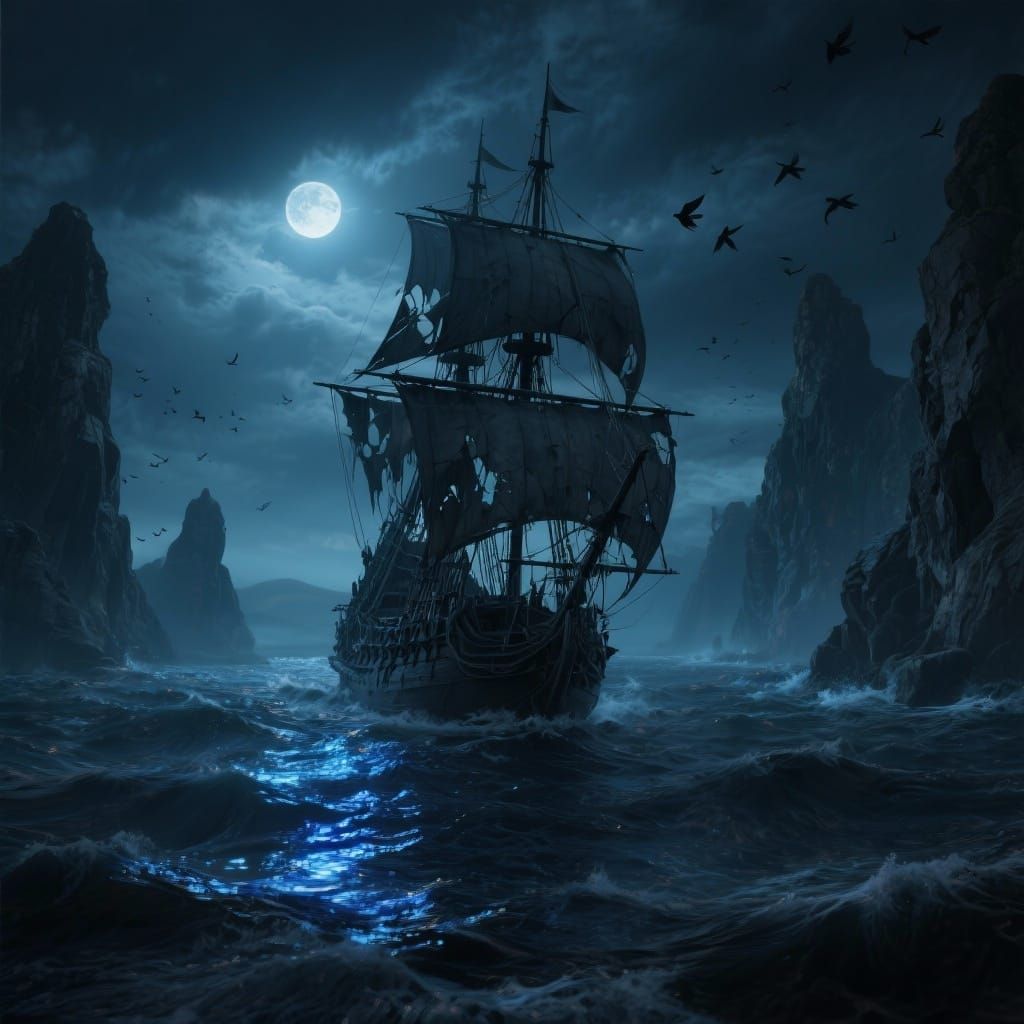Ghostly Pirate Ship in Eerie Moonlit Waters