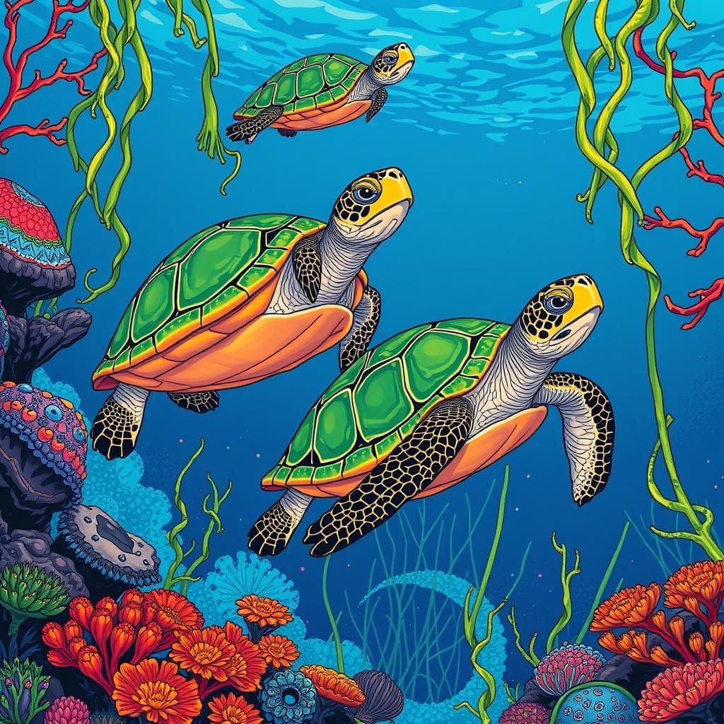 Turtles Swimming in Coral Reef, Digital Art