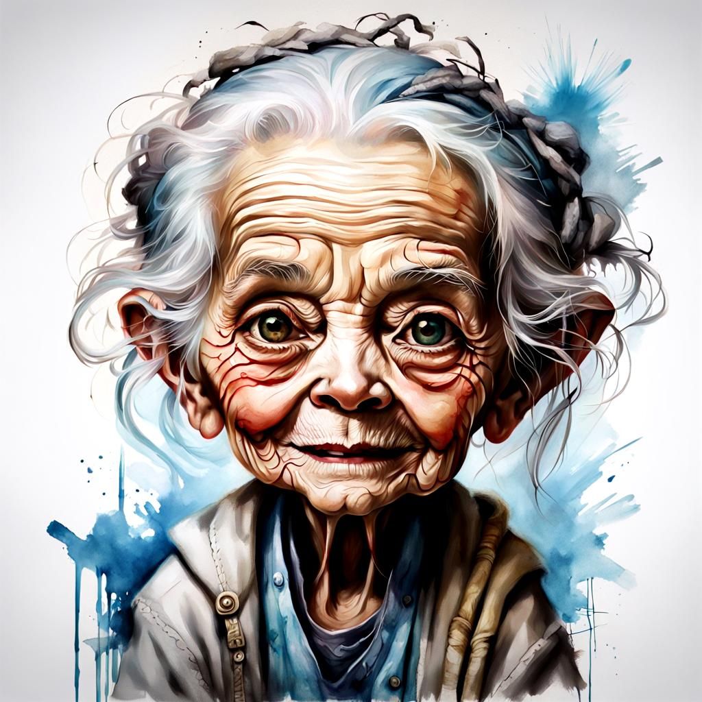 Chibi Granny Portrait in Mixed Artistic Styles