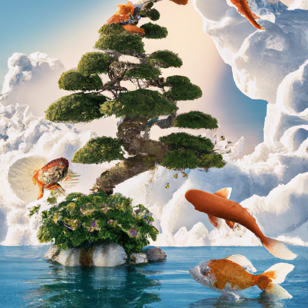 Pastel Bonsai Trees with Koi Fish in Sky