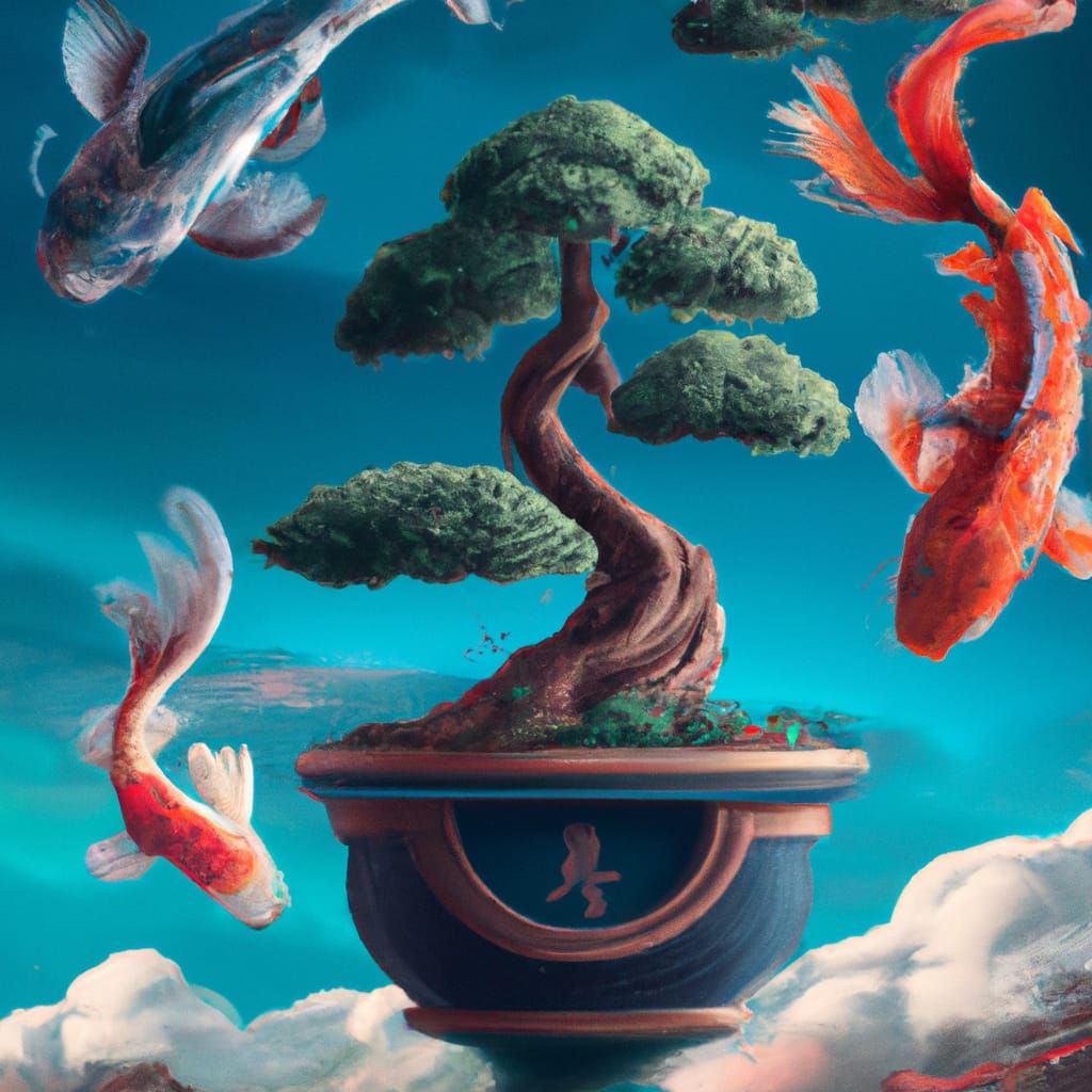 Pastel Bonsai and Koi Fish in Sky