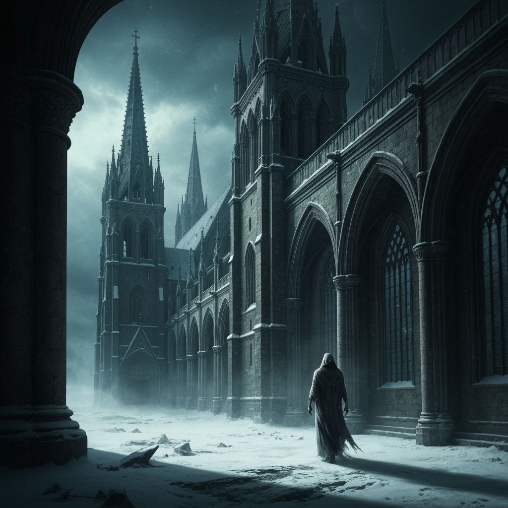 Gothic Cathedral in Snowy Landscape, Ethereal Scene