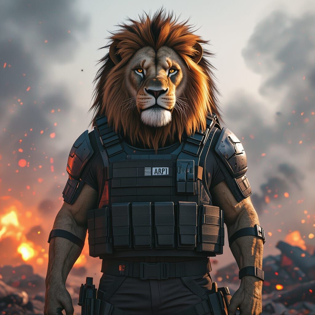 Lion in Bulletproof Vest on Battlefield, Gritty Realism