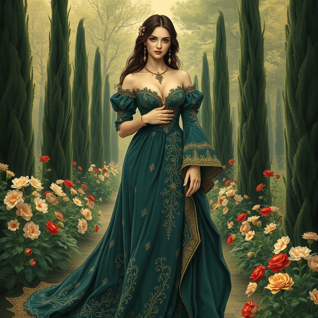 Renaissance Woman in Dreamlike Garden with Art Nouveau Elega...