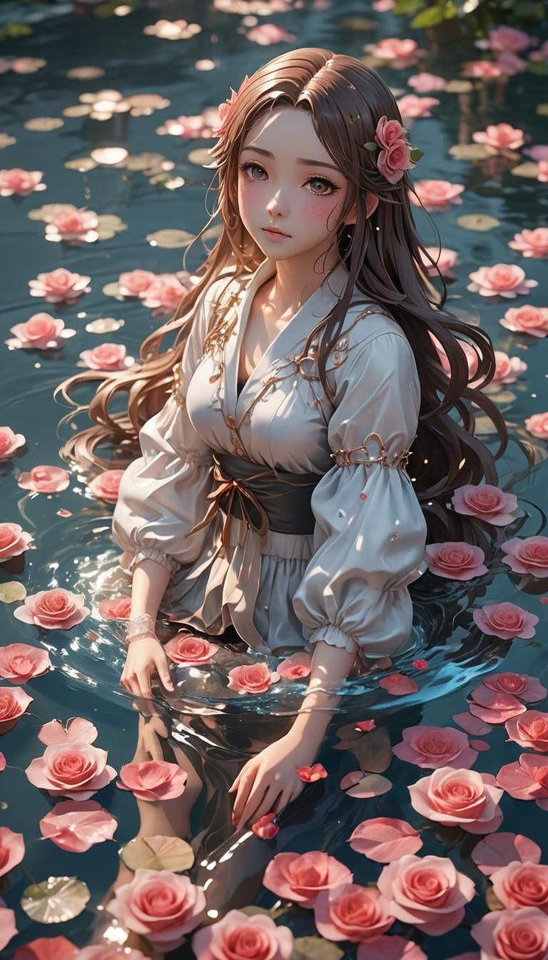 Anime Water Girl in Rose Pool: 3D Portrait