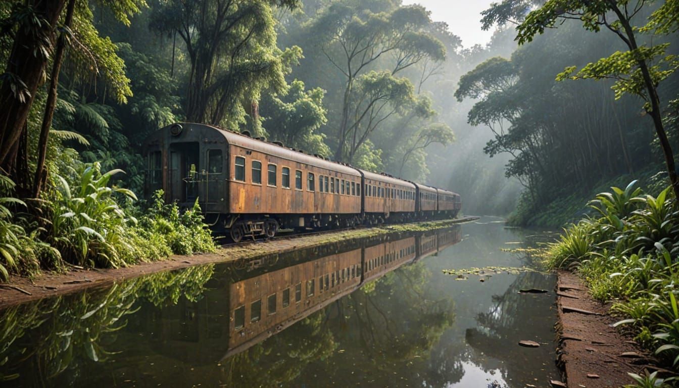 Rustic Abandoned Train Overgrown by Jungle