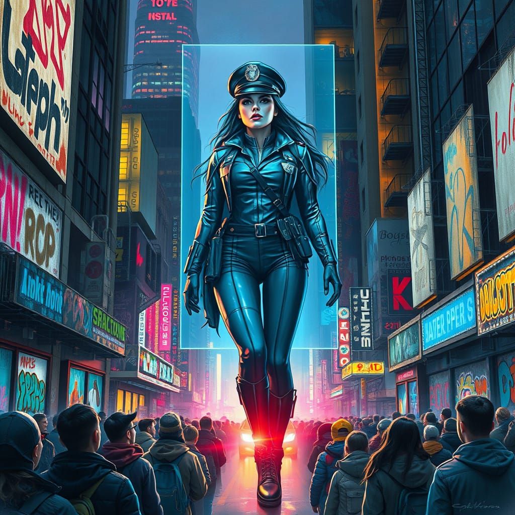 Hologram of Police Woman Captivates Cyberpunk City Crowd
