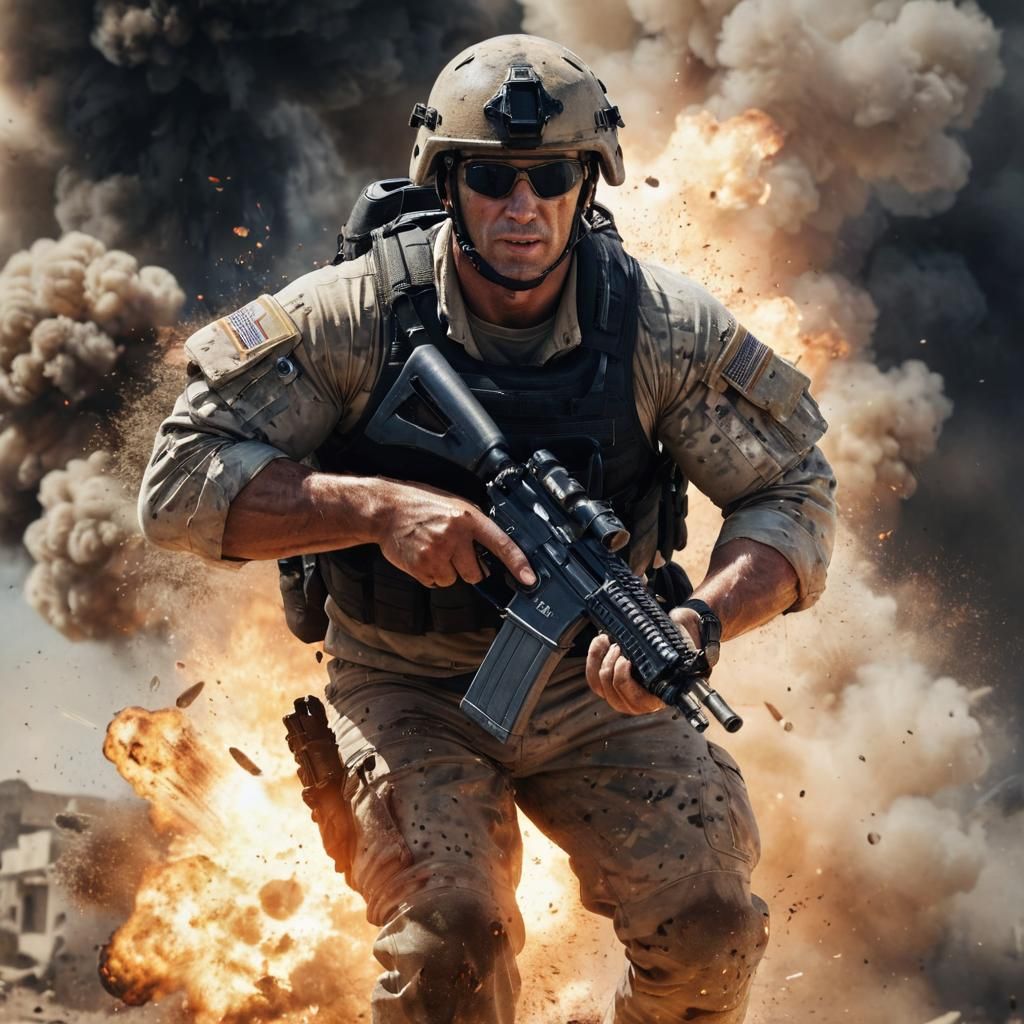 Navy SEAL Backed by Explosions: Photorealistic Image