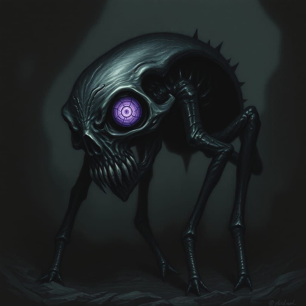Eerie Purple-Eyed Skull Crawler in Gothic Horror Style