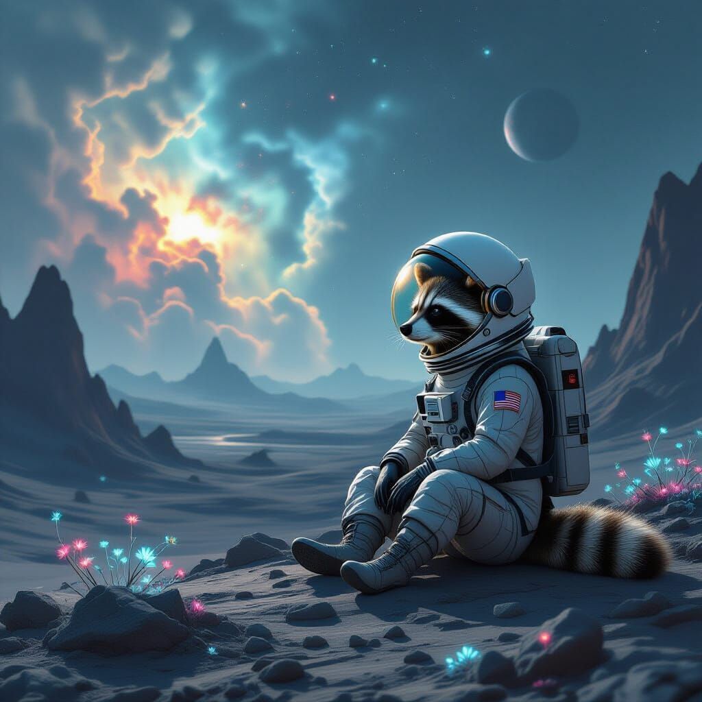 Stoic Raccoon Astronaut on Alien Planet Overlooking Nebula
