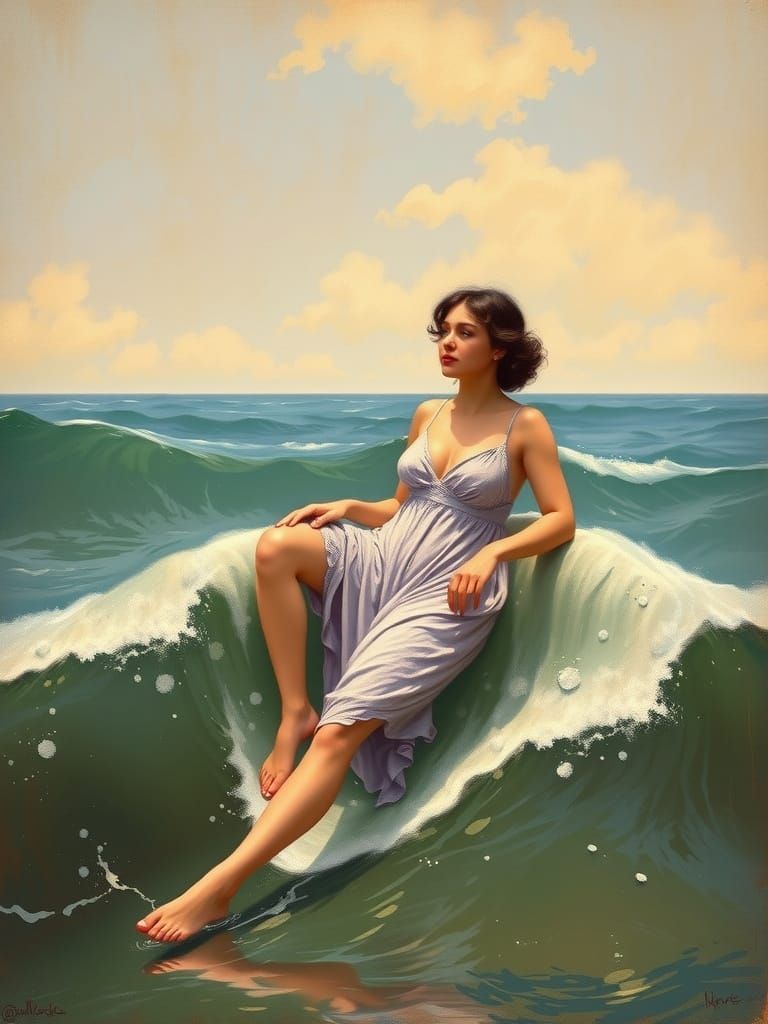 Victorian Bather in Daumier Style Seascape