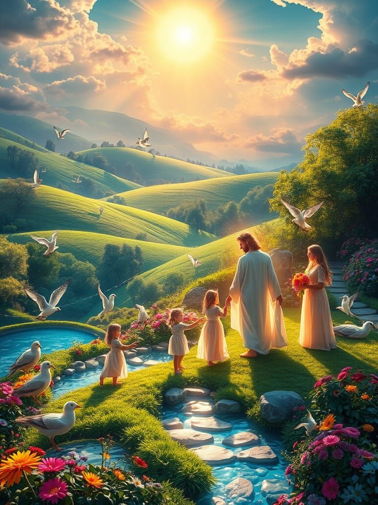 Glorious Heaven Scene with Radiant Sun and Vibrant Landscape