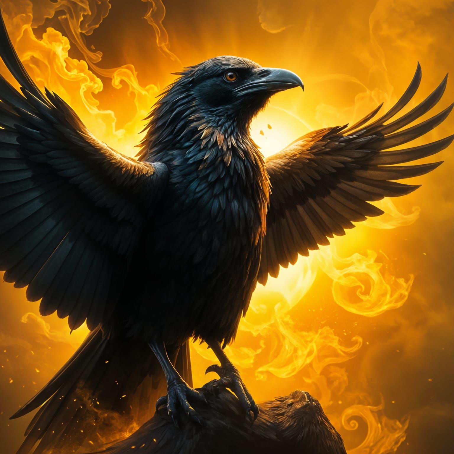 Majestic Raven Emerges from Golden Light and Smoke