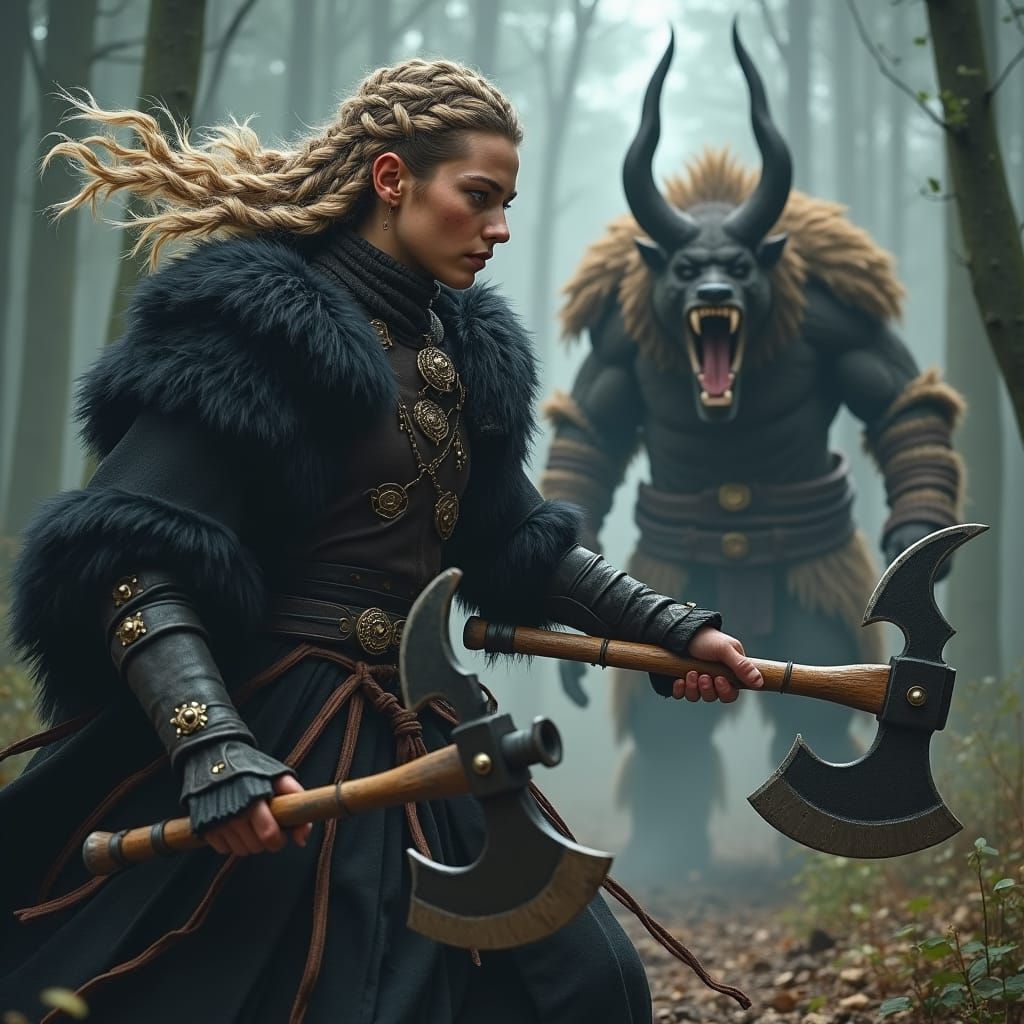 Viking Warrior in Forest Battle, High-Fantasy Art