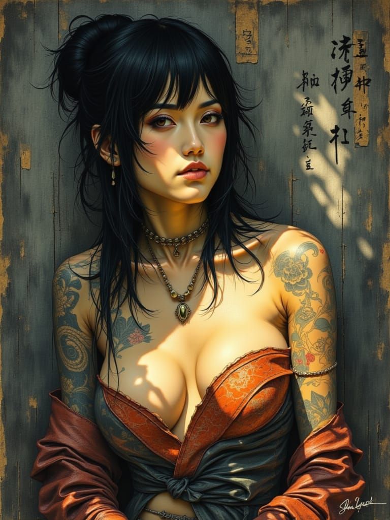 Oriental Woman Tattoo Portrait in Dramatic Light