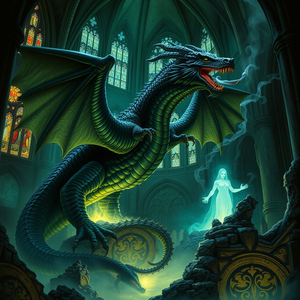 Dragon Guarding Bioluminescent Grotto in Gothic Cathedral