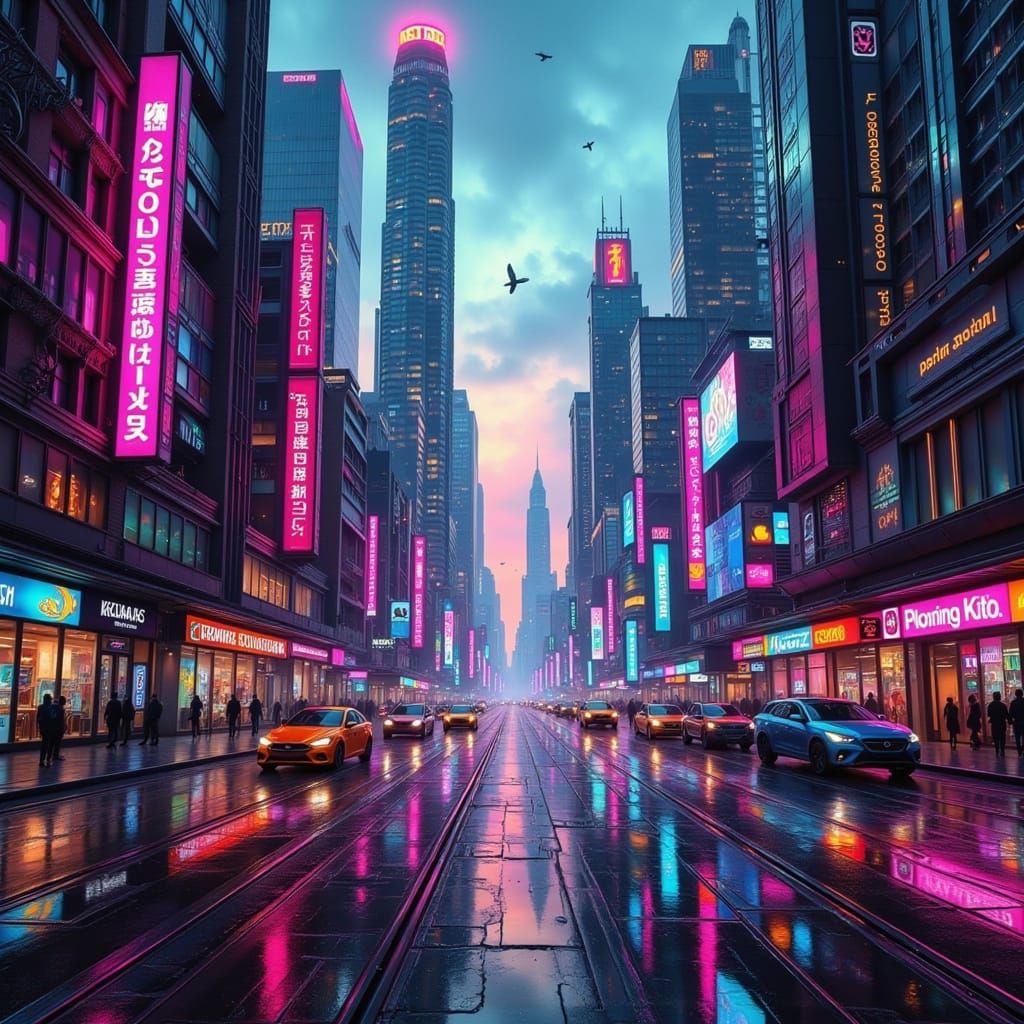 Surreal Fairy Punk Goddess in High-Gloss Futuristic Cityscap...