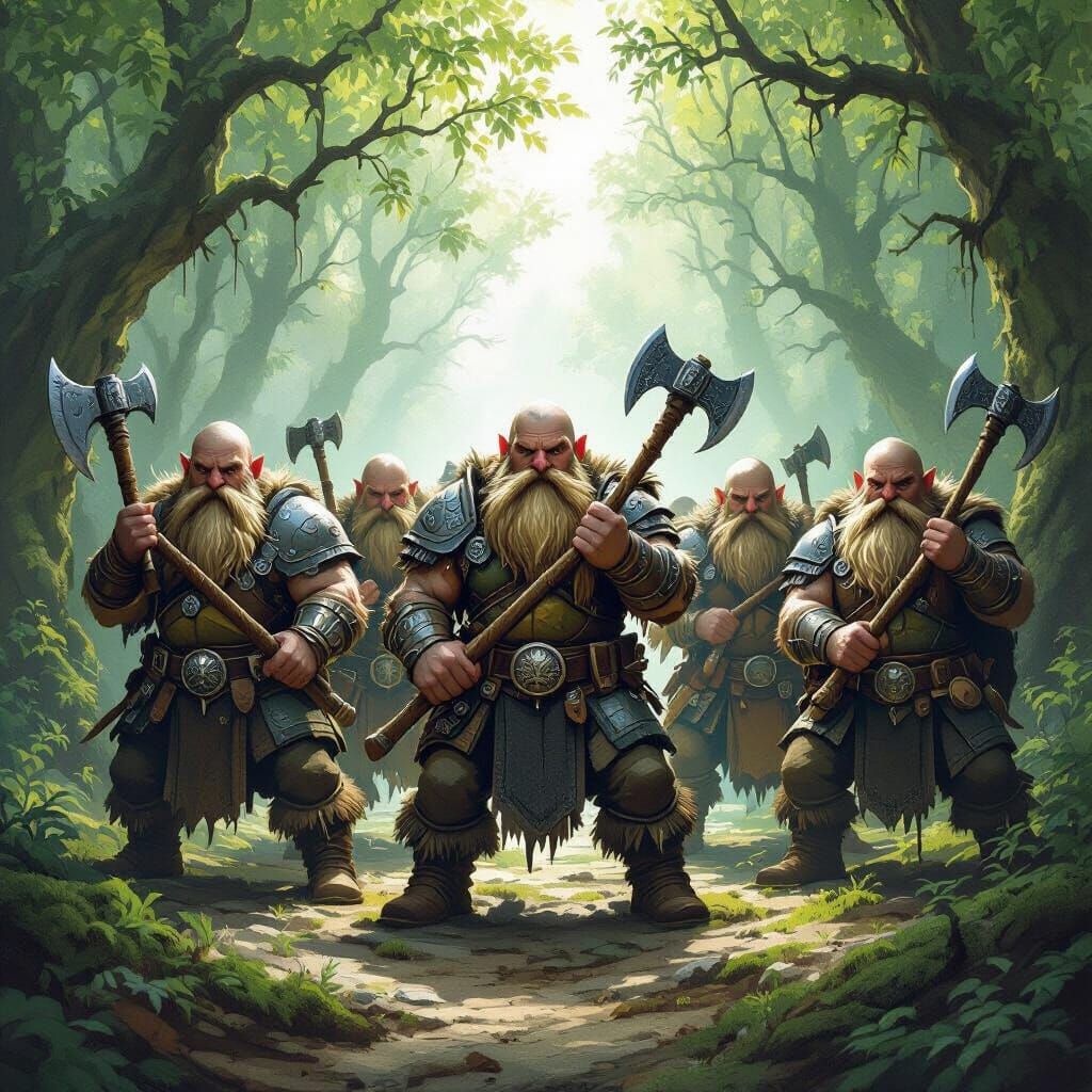 Five Dwarf Fighters in Ancient Forest - Dark Fantasy Art