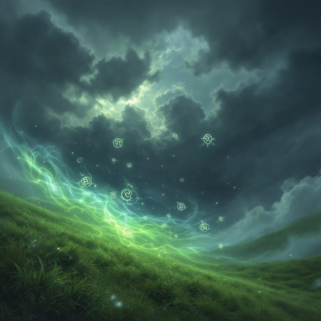 Whimsical Dreamlike Landscape with Magical Runes and Wind