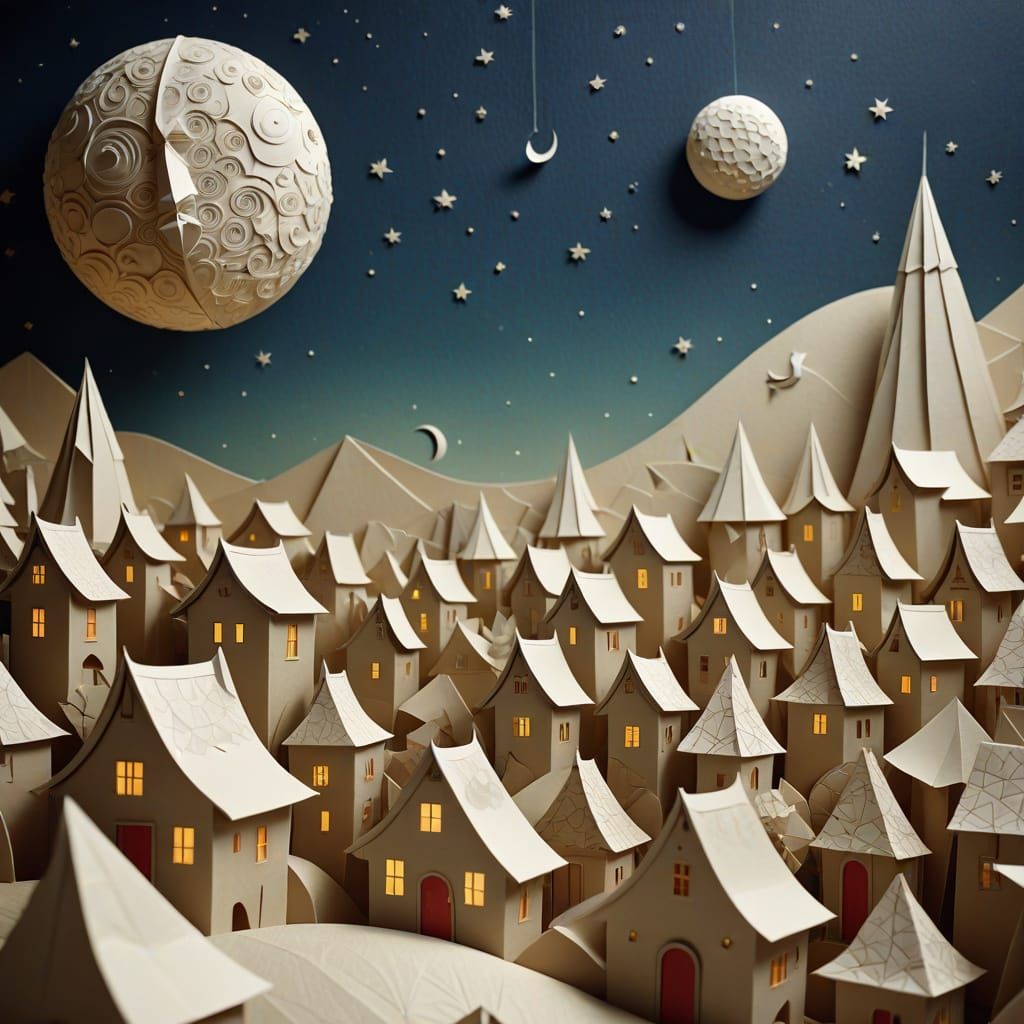Origami Village Under a Whimsical Paper Moon