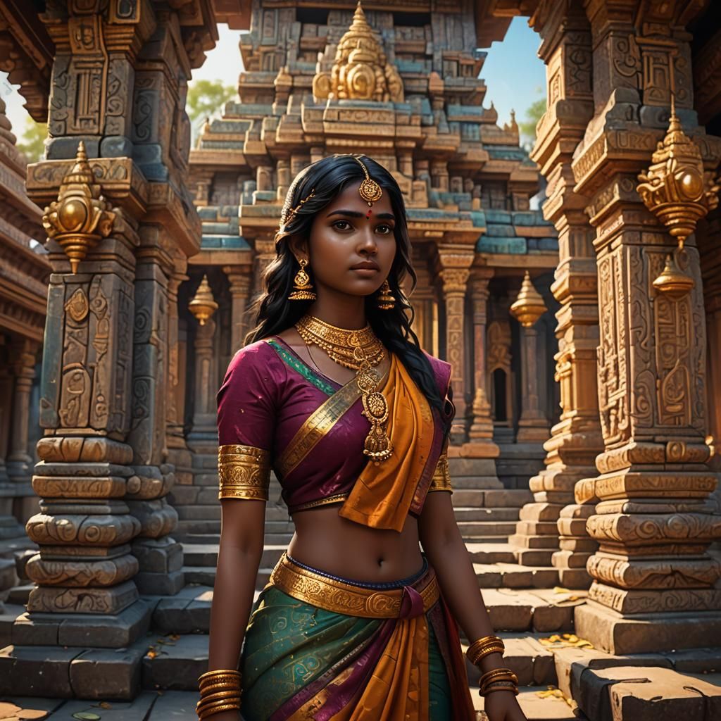 Tamil Girl Near Temple: Fantasy Concept Art