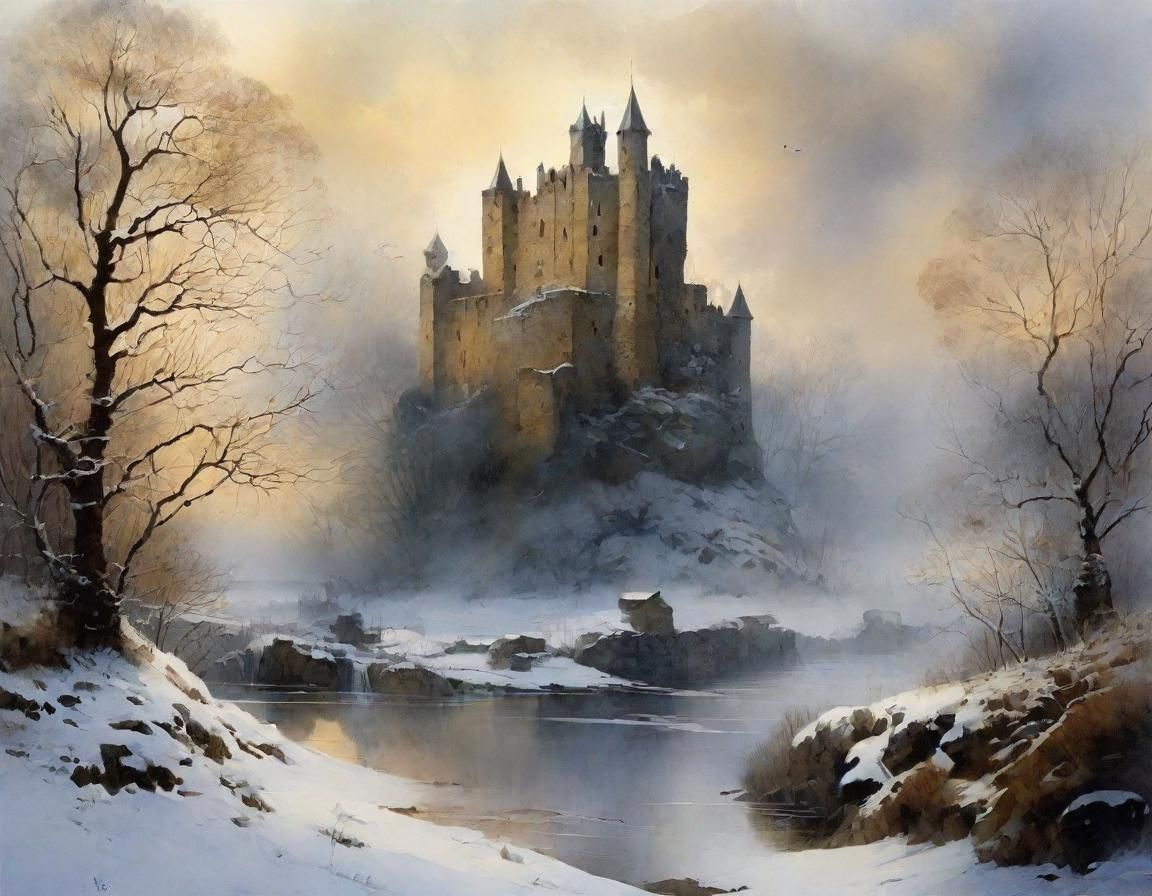 Castle Ruin Emerges from Icy Morning Mist