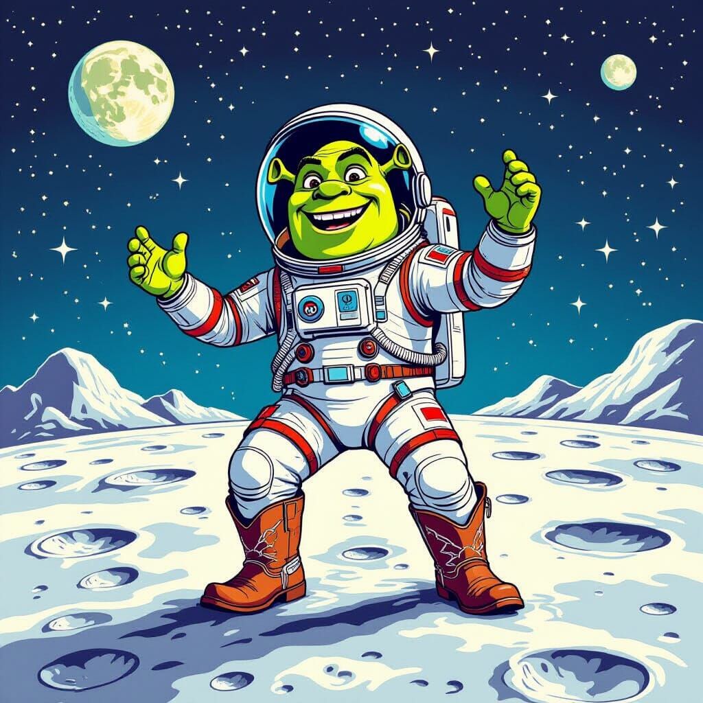Shrek Dances on the Moon in Whimsical Style
