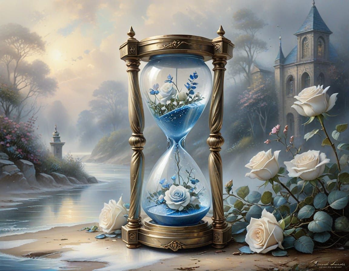 Antique Hourglass with Roses in Watercolour Style