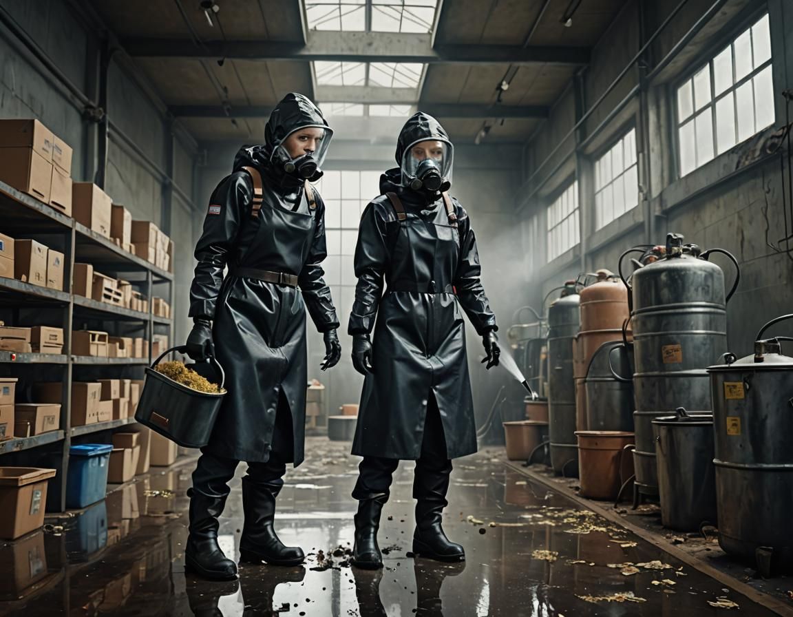 Woman Sprays Pesticides in Modern Building