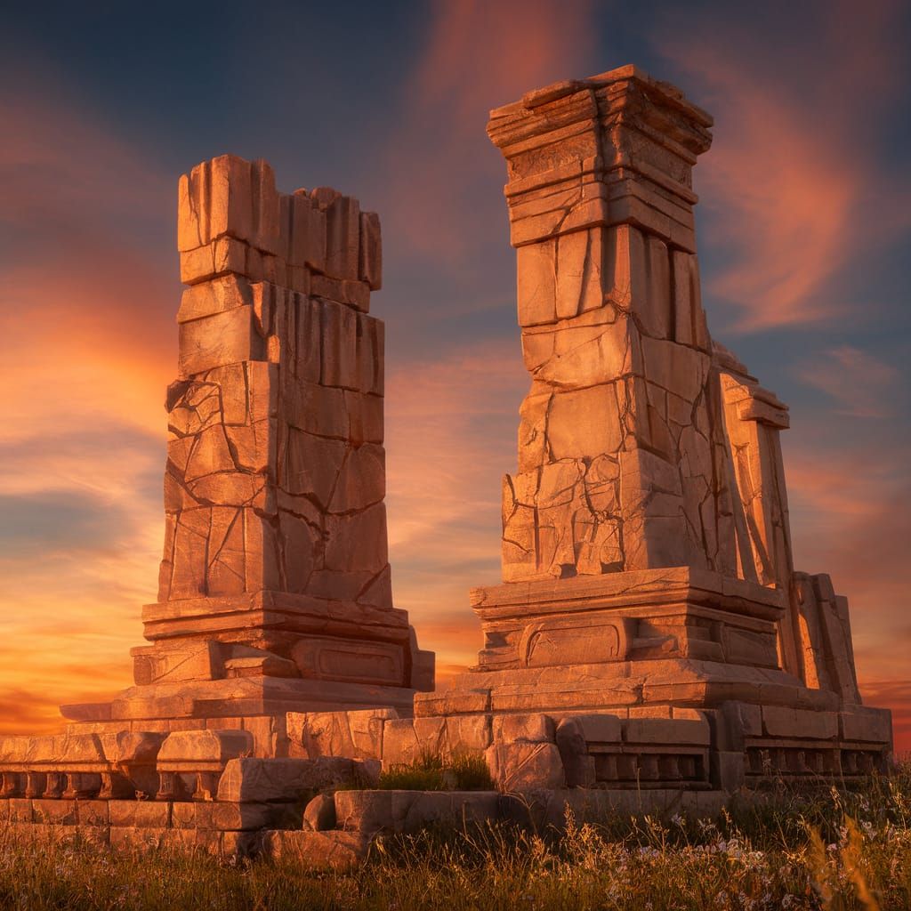 Surreal Sunset Ruins in Vibrant Landscape