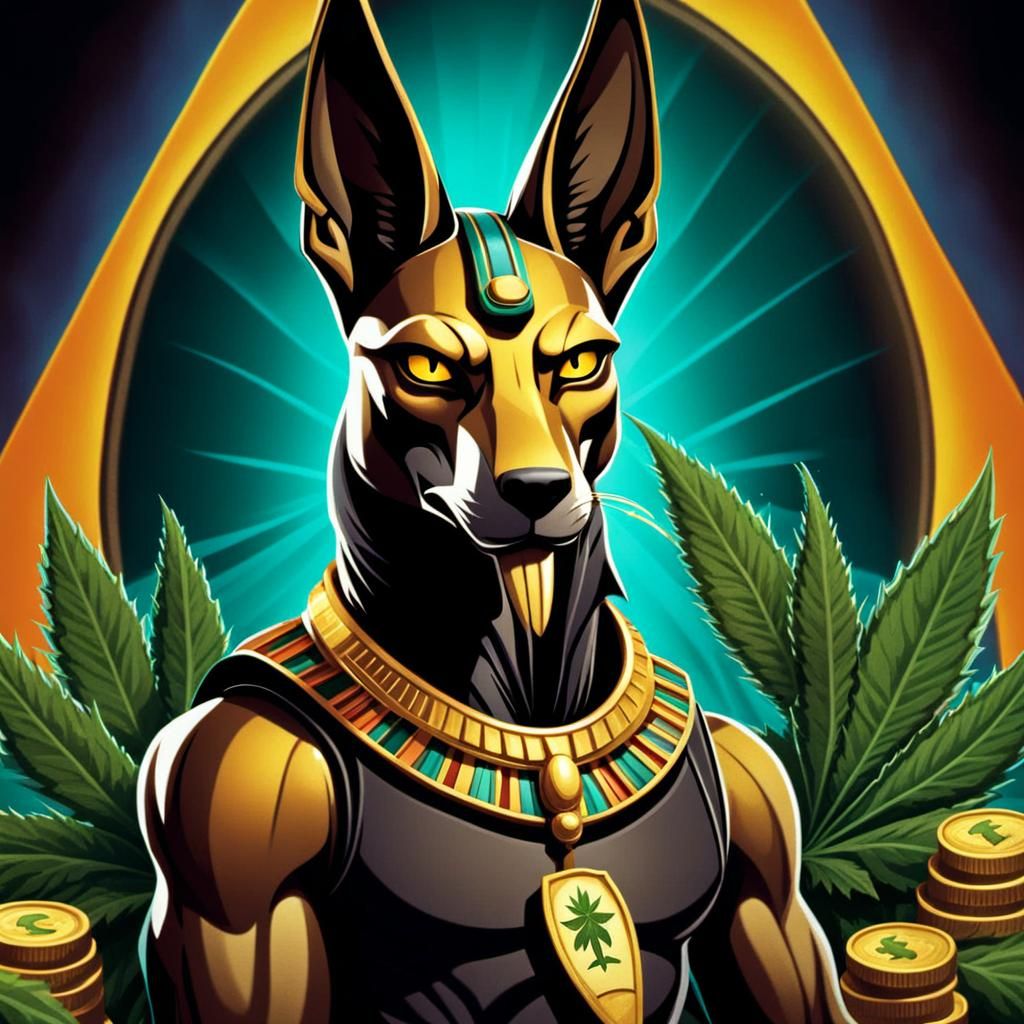 Cartoon Anubis Smoking Weed Surrounded by Cash