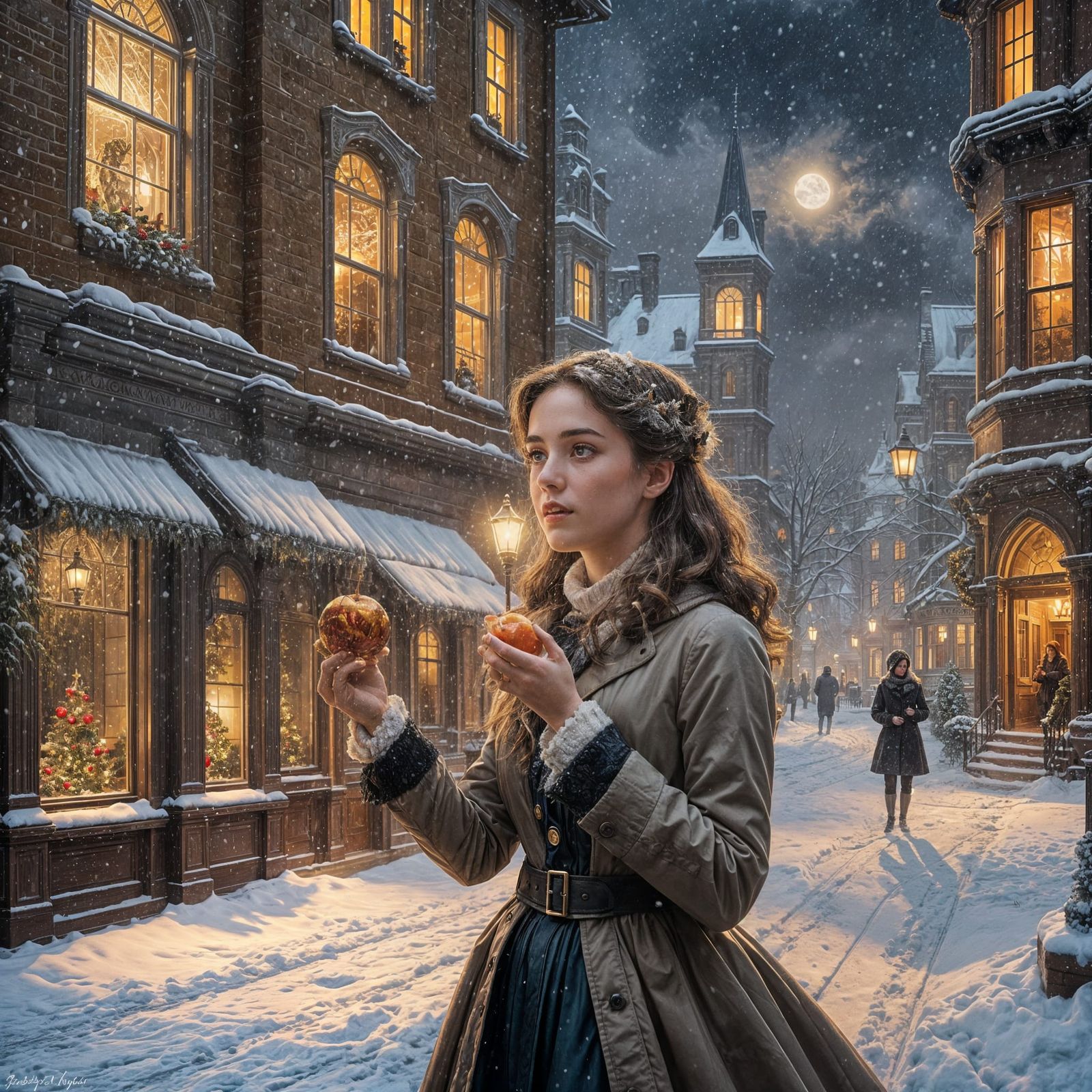 Victorian Girl on Christmas Night as Oil Painting