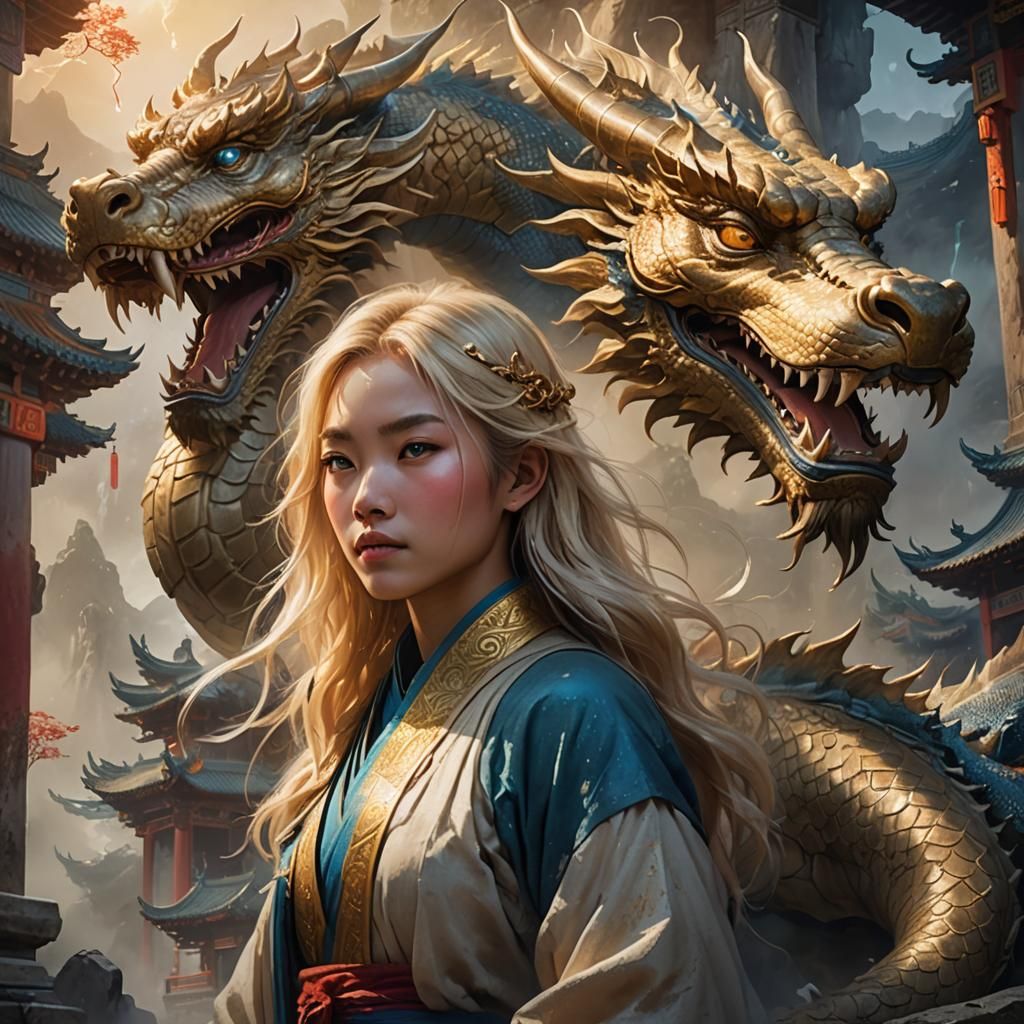 Girl and Dragon in Misty Temple: Digital Art