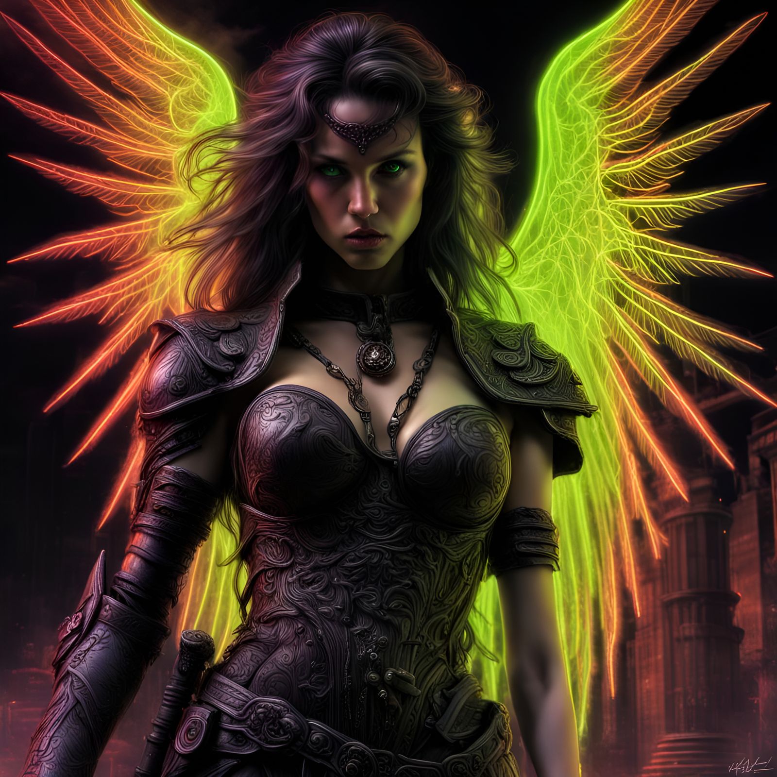Neon Dark Angel in a Dark Fantasy Style