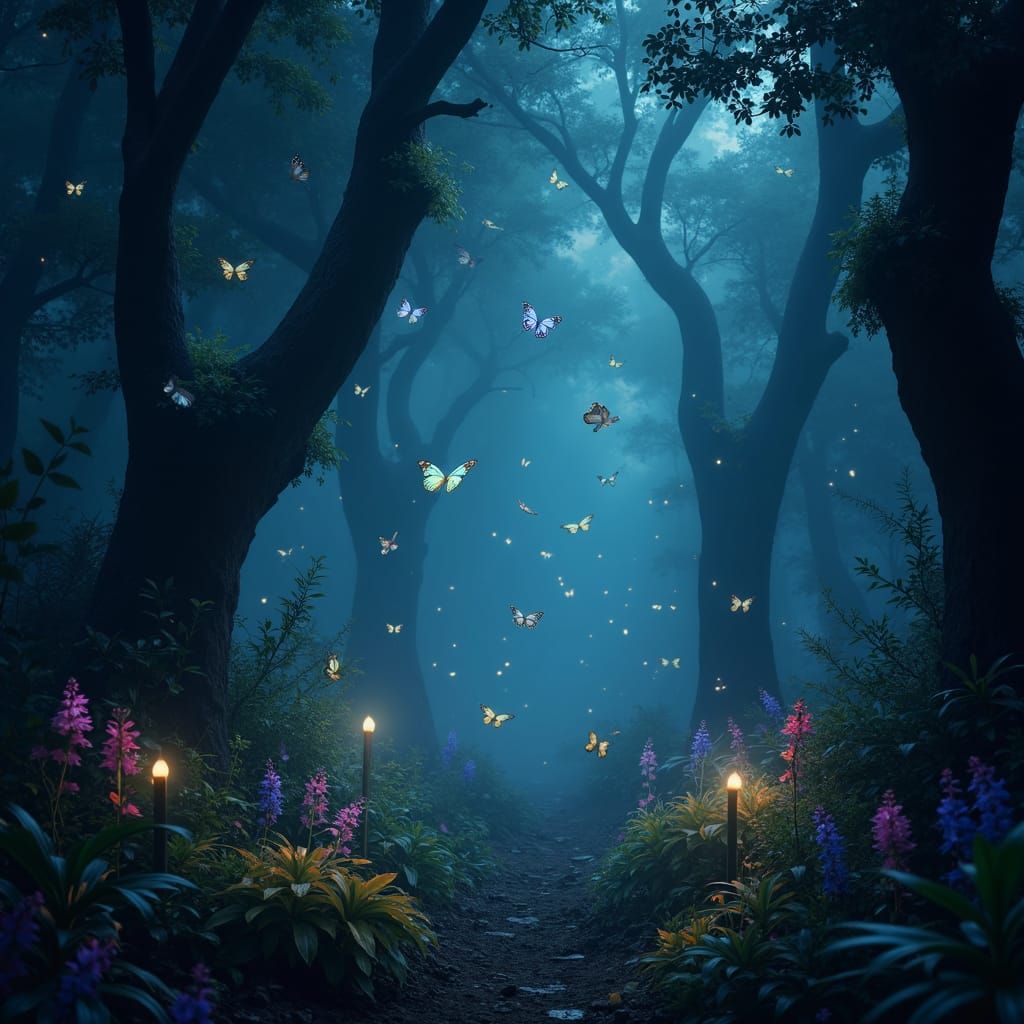 Bioluminescent Butterflies in Enchanted Twilight Forest