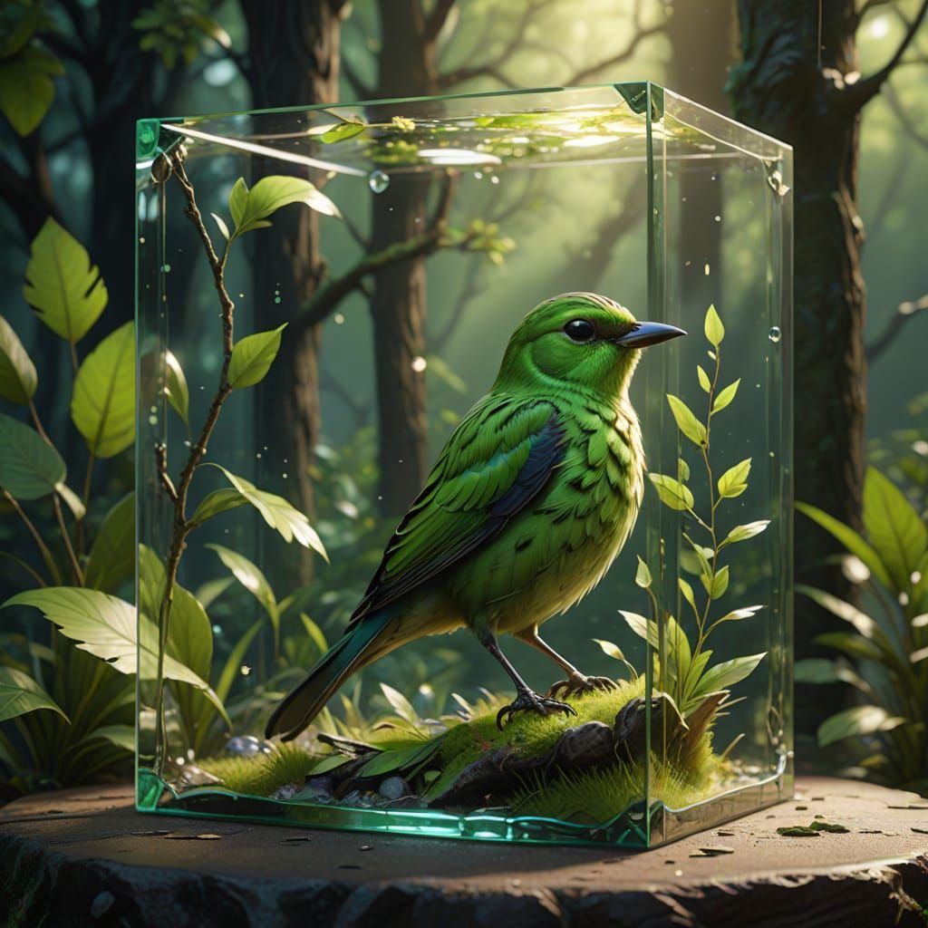 Ethereal Bird in Glass Ecosystem: Fantasy Concept Art