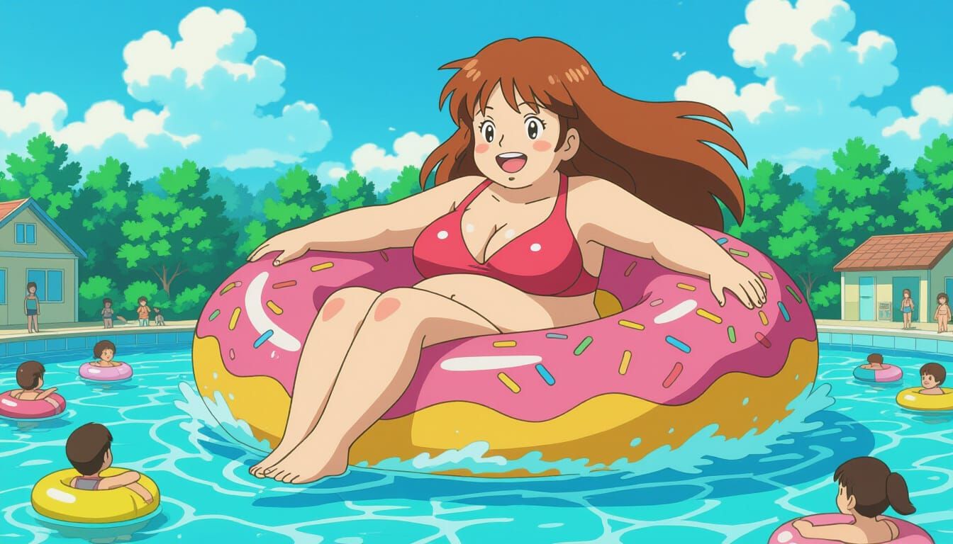 Giantess in Waterpark Wave Pool, Studio Ghibli Style