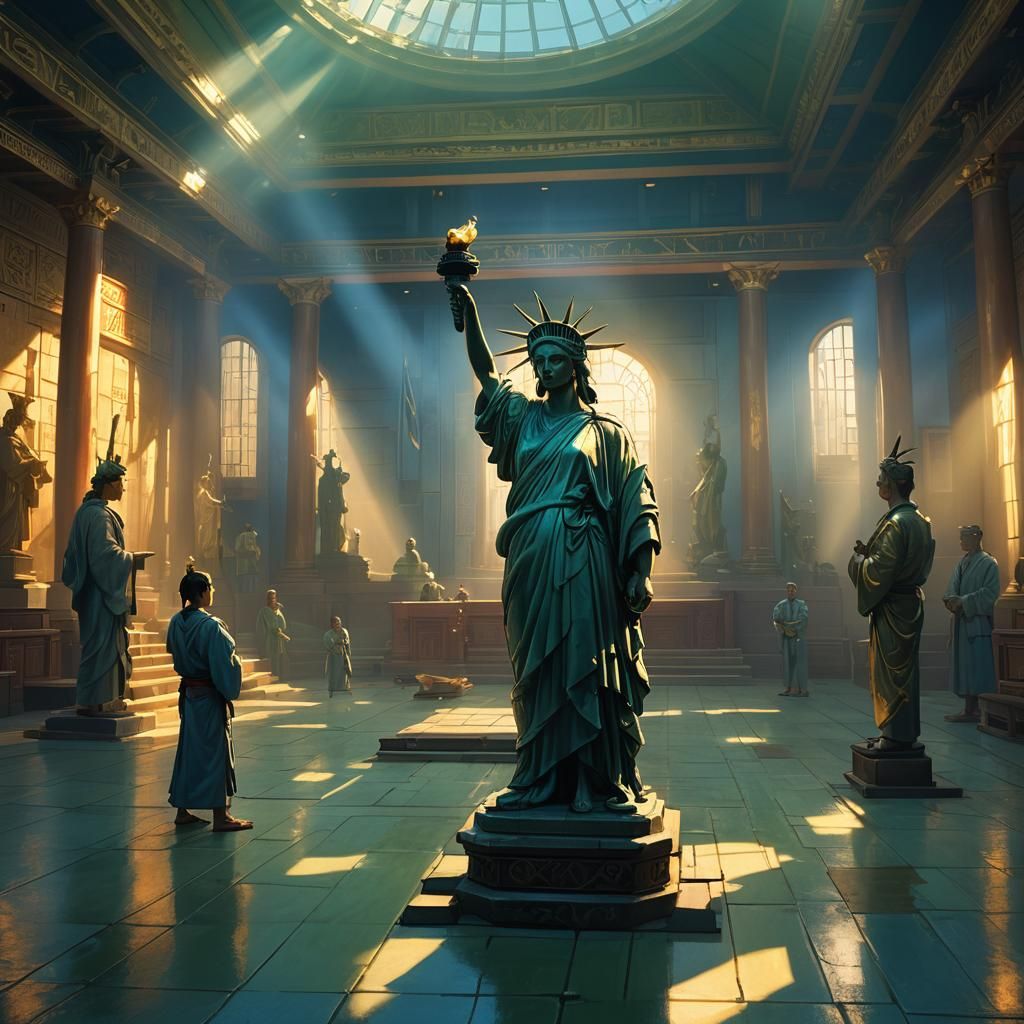 Statue of Liberty in Dimly Lit Karate Temple