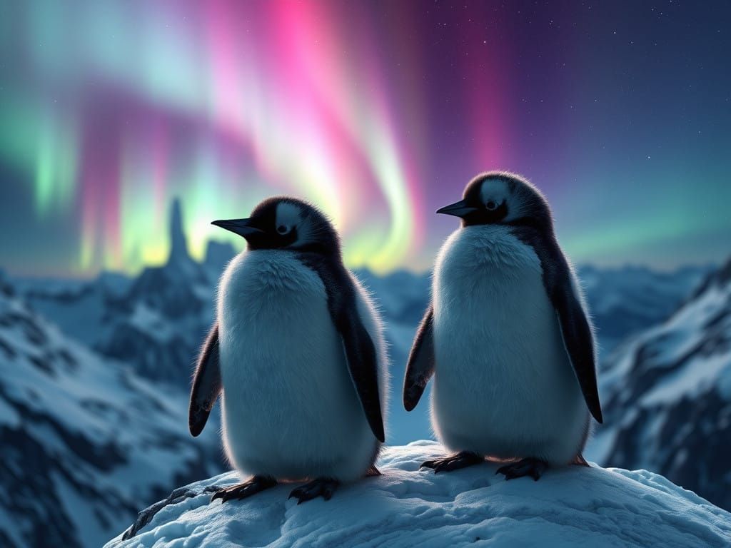 Fluffy Penguins Amidst Vibrant Northern Lights