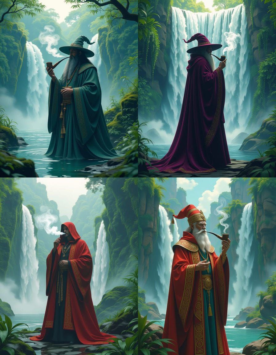 Wizard Smoking in Waterfall Landscape Art Deco Surrealism