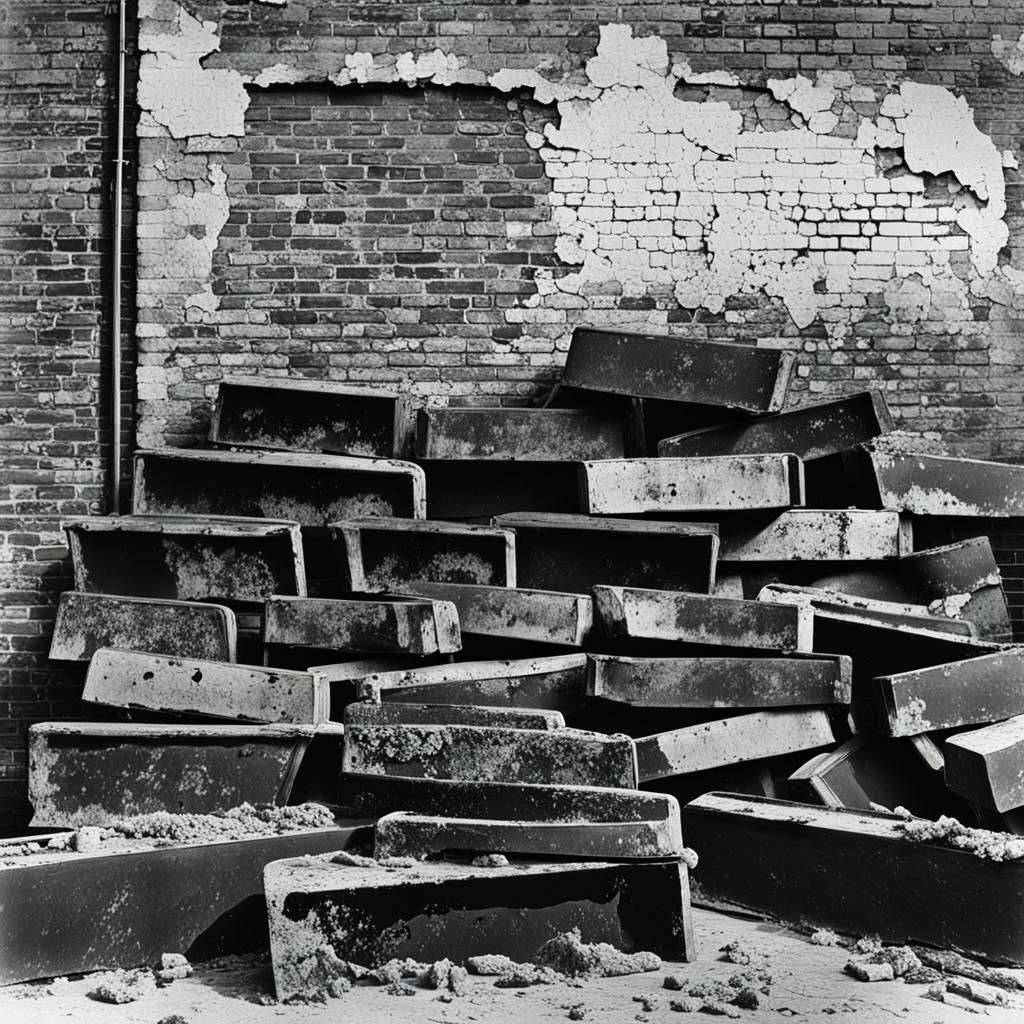 Antique Black and White Photo of Coffins Leaning on Brick Wa...
